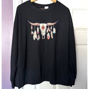 Western Graphic Black Crew Sweatshirt Women's XL Steerhead Feather Design